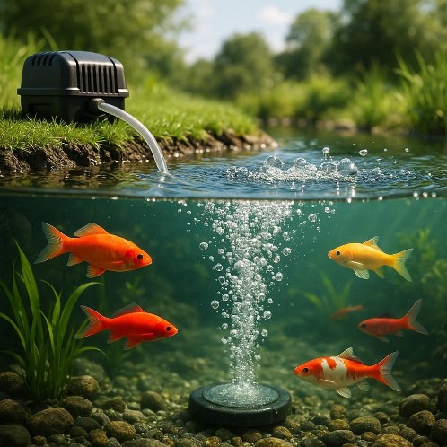 Пруд в разрезе: берег с аэратором, прозрачный шланг, под водой распылитель с пузырьками, рядом плавают рыбы